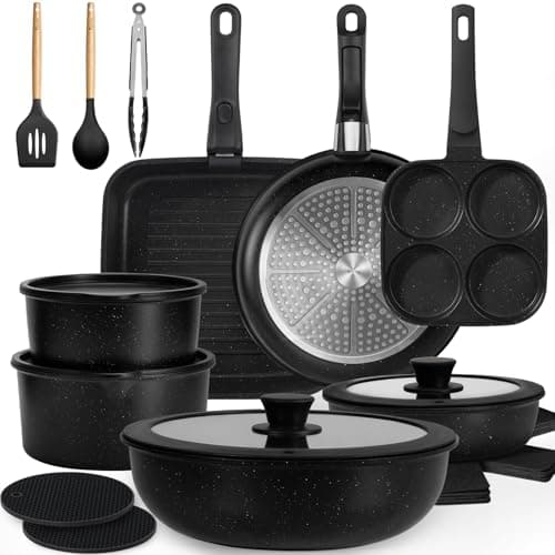 KIKCOIN 24 Pack Pots and Pans Set Non Stick, Detachable Handle Cookware Set, Induction RV Kitchen Cooking Set with Removable Handle, Frying Pans, Egg Pan - Dishwasher/Oven Safe, PFOA Free - Image 1