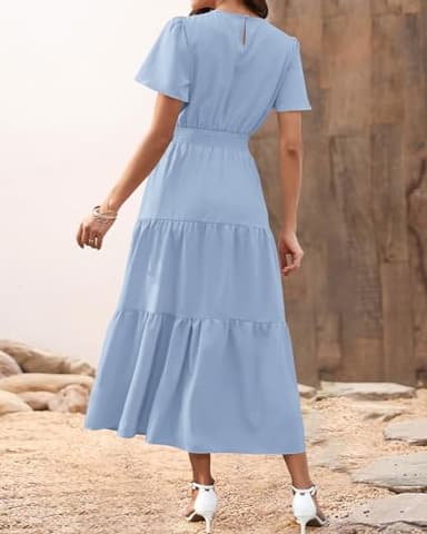 PRETTYGARDEN Women's Summer Casual Short Flutter Sleeve Round Neck Smocked Waist Tiered Boho Floral Flowy Maxi Dress(Solid Sky Blue,Medium) - Image 5