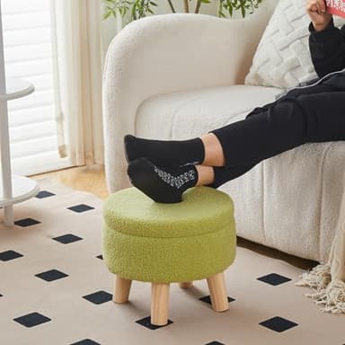Wimarsbon Storage Ottoman, Modern Round Footrest with Soft Padded Seat, Teddy Velvet Footstool with Wood Legs, Accent Small Table or Plant Stand for Hallway, Living Room (Brilliant Green) - Image 7