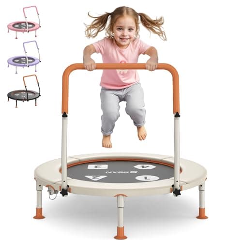 BCAN 36'' Toddler Trampoline, ASTM Certified-Foldable Mini Trampolines for Kids Ages 1-6, Adjustable Handle, Safety Pad & Foldable Legs, Baby Trampoline Indoor/Garden, Gift for Boy and Girl, Beige - Image 1