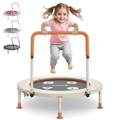 BCAN 36'' Toddler Trampoline, ASTM Certified-Foldable Mini Trampolines for Kids Ages 1-6, Adjustable Handle, Safety Pad & Foldable Legs, Baby Trampoline Indoor/Garden, Gift for Boy and Girl, Beige - Image 1