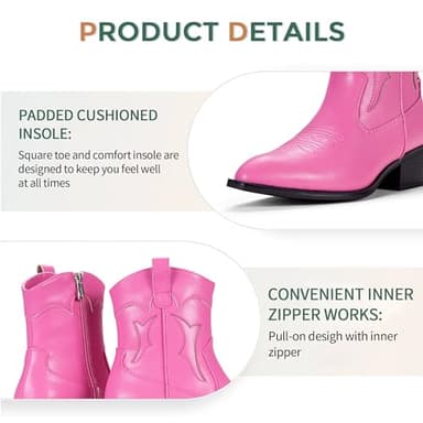 Vepose Women's Pink Cowboy Boots Western Cowgirl Boots for Women 9815 Embroided Square Toe Pull on Ankle Booties with Inside Zipper Size 7 (CJY9815 Pink 07) - Image 3