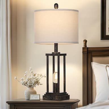 27" Tall Farmhouse Table Lamps with Night Light, Bronze Industrial End Table Lamp for Living Room, Rustic Bedside Lamps Set Of 2 with USB C+A Ports & AC Outlet, Vintage Bedroom Lamp for Nightstand - Image 3