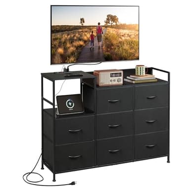 WLIVE Black TV Stand with Charging Station, Entertainment Center with 8 Fabric Drawer, TV Media Console Table Open Storage Shelves, Wood Top for Living Room, Hallway - Image 1