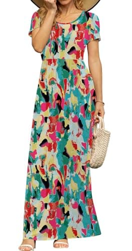 DB MOON Womens 2025 Casual Summer Plus Size Maxi Dresses Short Sleeve Empire Waist Long Dress with Pockets(Color Mix, 2XL) - Image 3