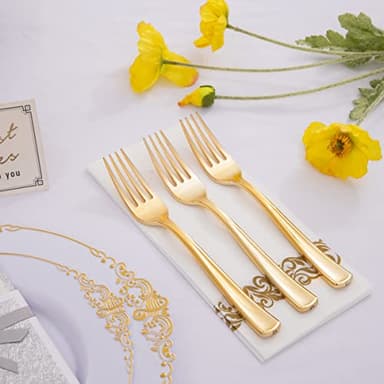Liacere 200pcs Gold Plastic Forks - Heavyweight - 7.4 Inch Heavy Duty Forks - Gold Plastic Silverware Perfect For Parties & Weddings & Restaurants & New Year And Daily Using&Fall Decor - Image 5
