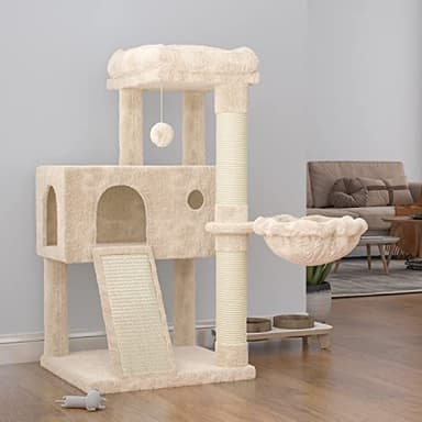 SHA CERLIN Cat Tree 36 Inches Cat Tower with Hammock, Sisal Scratching Post for Indoor Kittens, Small Room, Beige - Image 1