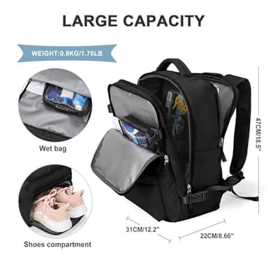 Large Travel Backpack Women Carry On Hiking Backpack Waterproof Outdoor Sports Casual Daypack Personal item Travel Bag Airplane Essentials Spirit Airline Flight Approved Shoes Compartment Men,Black - Image 3
