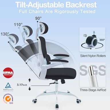 Estevo Ergonomic Office Chair with Tilt-Lock, Home Office Desk Chair with Auto Lumbar Support, High Back Mesh Desk Chair with Adjustable Headrest, Swivel Task Chair or Study Bedroom,Black and White - Image 7