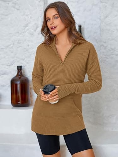PRETTYGARDEN Womens Long Sleeve Quarter Zip Pullover Sweater Casual Loose V Neck Collared Ribbed Knit Jumper Tops Thumb Hole(Khaki,Small) - Image 5