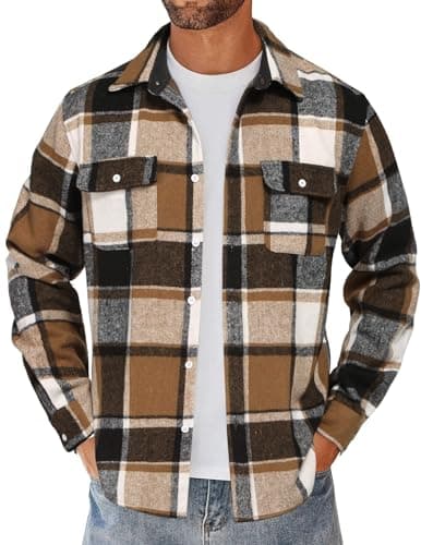 COOFANDY Men's Plaid Jacket Button Up Jacket Overshirt Fall Fashion Shirt with Pockets Khaki - Image 1