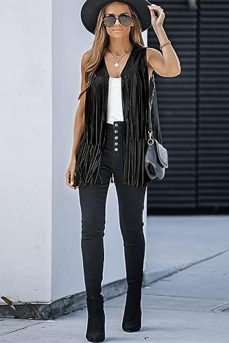 Dokotoo Womens Early Fall Fashion Cowboy Chic Outfits 70s Hippie Concert Outfits Vintage Western Cowgirl Cute Fringe Vest Tops Leather Tassel Night Out Birthday Party Jackets Clothes Black X-Large - Image 4