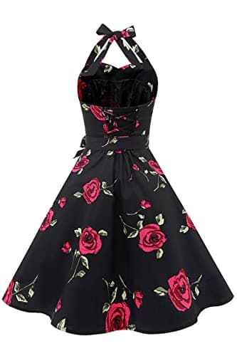 Topdress Women's Vintage Polka Audrey Dress 1950s Halter Retro Cocktail Dress Black/Fuchisa Rose S - Image 3