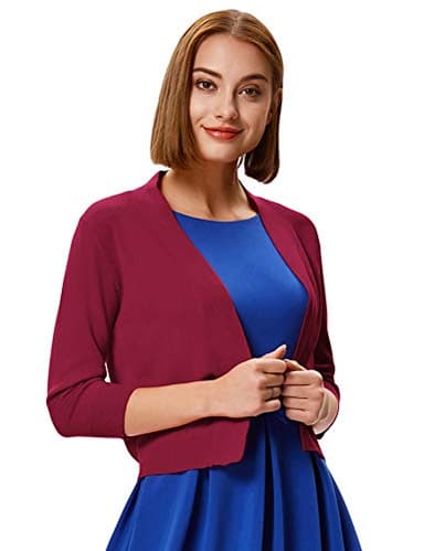 GRACE KARIN Women's 3/4 Sleeve Cropped Cardigans Sweater Open Front Shurgs Lightweight Knit Bolero (Burgundy,XL) - Image 4