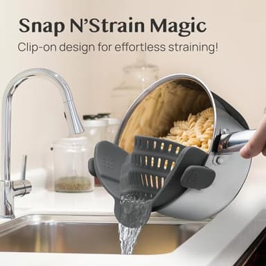 Kitchen Gizmo Snap N' Strain - Silicone Pasta Strainer Clip-On for Pots and Pans - Heat Resistant Colander for Vegetables and Noodles - Kitchen Gadgets for Cooking - Space-Saving Design - Gray - Image 3