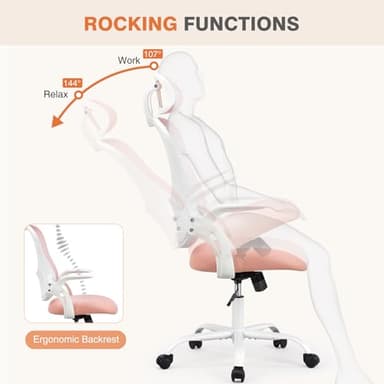 Sweetcrispy Office Computer Desk Chair, Ergonomic High-Back Mesh Rolling Work Chairs with Wheels and Adjustable Headrests, Comfortable Lumbar Support, Comfy Flip-up Arms for Home,Bedroom,Study, Pink - Image 4