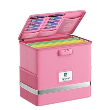 ZOOPIP Fireproof File Box with Lock, Document Box Storage Organizer, Suitable for Hanging File Folders in Letter Size, Collapsible File Box, Reflective Strip for Fast Find (12.2"*6"*10.2, Pink) - Image 1