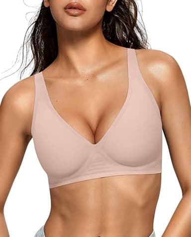 OEAK Womens Deep V Bras Wireless Comfortable Bra Supportive No Underwire Bras Tshirt Push Up Bralettes Plunge Seamless Bra Nude L - Image 1