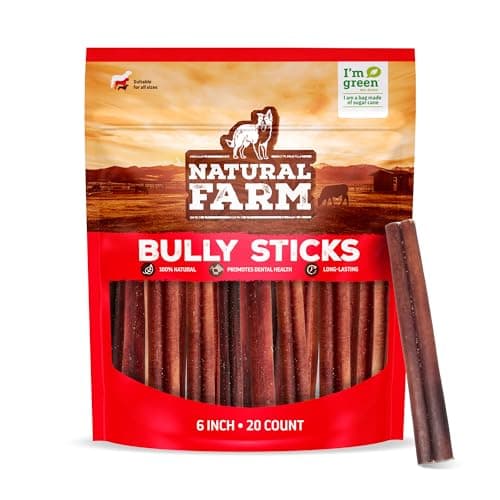 Natural Farm Odor-Free Bully Sticks (6 Inch, 20 Pack), 100% Beef Chews for Pups, Small and Medium Dogs, Non-GMO, Grain-Free, Fully Digestible, Natural Treats to Keep Your Dog Busy - Image 1