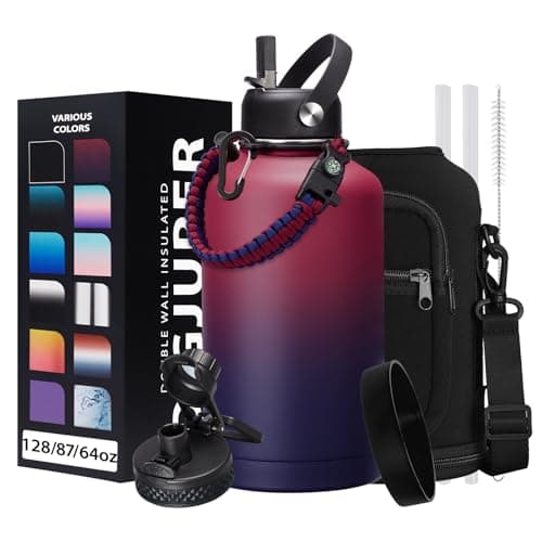 64OZ Vacuum Insulated Water Bottle - Keep Hot Cold Vacuum Flasks with Straw & Spout Lids, Paracord Handle, Water Bottler Carrier Holder & Protective Cup Mat, 1.8L Stainless Steel Water Jug - Image 1