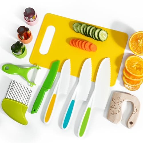 melican Kids Kitchen Knife Set, 11 Pcs Montessori Kitchen Tools for Toddlers' Real Cooking, Include Kid Knives, Crinkle Cutter, Sandwich Cutters, Peeler, Cutting Board for Birthday - Image 1
