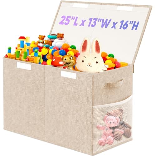 Large Toy Storage Box with Lid Divider, Sturdy Collapsible Toys Organizer Chest Kids Storage Bins Boxes Baskets for Boys, Girls, Nursery, Bedroom, Living Room, Playroom, 25"x13"x16", Beige - Image 1
