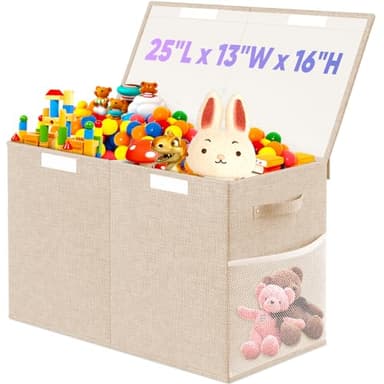 Large Toy Storage Box with Lid Divider, Sturdy Collapsible Toys Organizer Chest Kids Storage Bins Boxes Baskets for Boys, Girls, Nursery, Bedroom, Living Room, Playroom, 25"x13"x16", Beige - Image 1