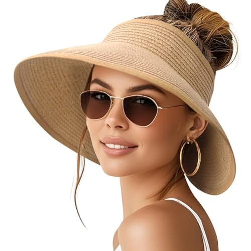 NPQQUAN Sun Visor Hats for Women Wide Brim Ponytail Straw Beach Hat Packable Foldable UPF 50+ Floppy Travel Hats Khaki - Image 1
