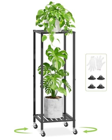iDavosic.ly 2 Tier Plant Stand Indoor with Wheels, Metal Flower Holder Shelf Outdoor for Large Pots, Tall Corner Vertical Rolling Rack for Patio Porch Garden Balcony Living Room, Modern Black - Image 1