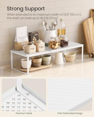 SONGMICS Spice Racks, Set of 2 Expandable Kitchen Countertop Shelves, Small Cupboard Organizers, Metal, Space-Saving Tabletop Shelves, Matte White UKCS402W01 - Image 4