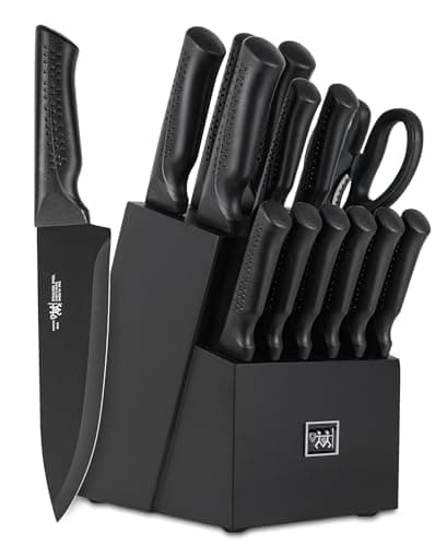 Knife Set, 15 Pcs Kitchen Knife Set with Block Self Sharpening, Dishwasher Safe, 6 Steak Knives, Anti-slip handle, Black - Image 1