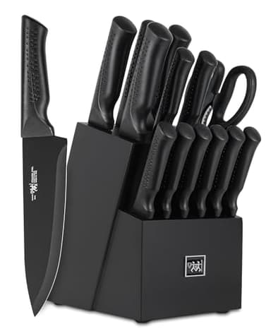 Knife Set, 15 Pcs Kitchen Knife Set with Block Self Sharpening, Dishwasher Safe, 6 Steak Knives, Anti-slip handle, Black - Image 1