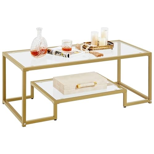Yaheetech Gold Coffee Table, 42" Rectangular Glass Coffee Table for Living Room, 2-Tier Center Tea Tables with Metal Frame for Small Space, Apartment, Office - Image 1