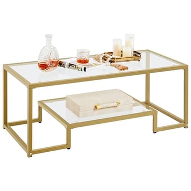 Yaheetech Gold Coffee Table, 42" Rectangular Glass Coffee Table for Living Room, 2-Tier Center Tea Tables with Metal Frame for Small Space, Apartment, Office - Image 1