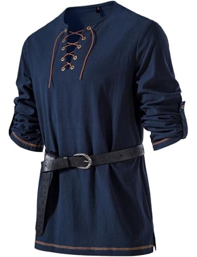 JEMITOP Men's Renaissance Costume Retro Lace Up Shirts for Pirate Viking Medieval Vampire Halloween Cosplay Without Belt Navy Blue XL - Image 1
