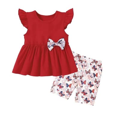 WESIDOM Toddler Girl Clothes Layered Ruffle Top Floral Shorts Cute Toddler Girls Summer Outfits 2Pcs Clothing Set(Red,18-24Months) - Image 1