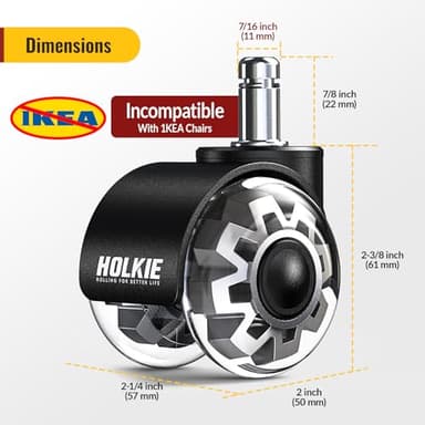 HOLKIE Office Chair Wheels Grey Dual Rubber 2 Inch Replacement Smooth Quiet Rolling Casters Universal Fit Casters 11x22mm, Wheels-Set of 5 for Hardwood Floors Carpet Computer Gaming - Image 3