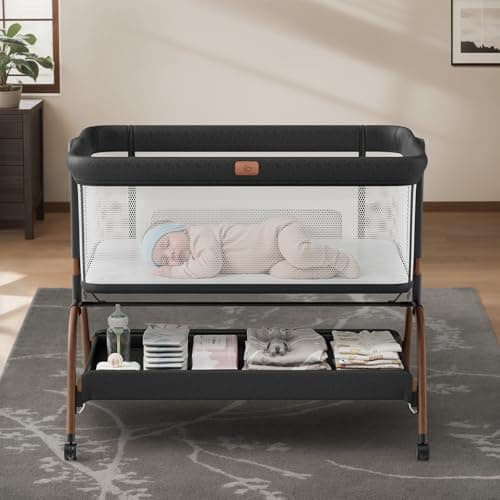 Baby Bassinet Bedside Crib, 3-in-1 Baby Bassinet Bedside Sleeper with Mattress and Soft, Breathable Sheet, Full-Mesh Sides, 6-Height Adjustable, Stable and Secure Crib for Newborns - Image 1