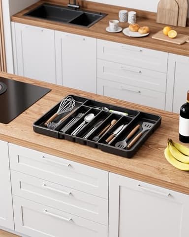 Kitsure Cutlery Drawer Organiser for Kitchen - Adjustable Cutlery Tray for Effortless Utensil Sorting, Versatile Kitchen Storage & Organisation Solution, 13.70" x 1.54" x 10.94"~20.08", Black - Image 3