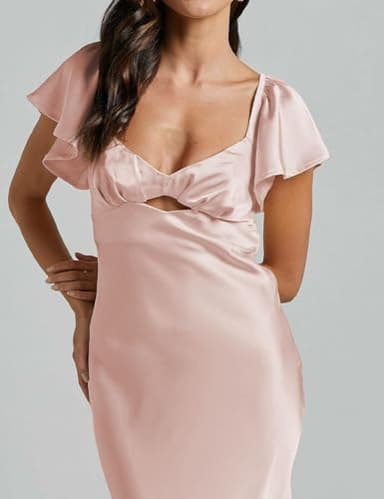 Summer Satin Flutter Sleeve Wedding Guest Dresses for Women Sweetheart Neckline Cutout Tie Back Midi Cocktail Dress Pink - Image 2