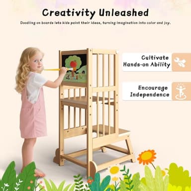 Toddler Tower, Kids Kitchen Step Stool with Safety Rails, Toddler Standing Tower Adjustable Height, Wooden Kitchen Stool for Kids, for Living Room Countertops and Bathroom Sinks(Natural) - Image 6