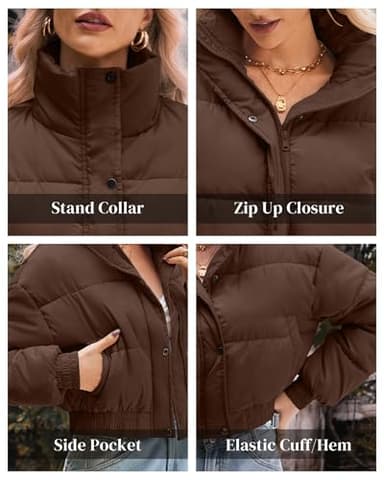 URMOSS Women's Cropped Puffer Jacket Long Sleeve Puffy Coat Winter Lightweight Stand Collar Button Down Zip Up Quilted Padded Outwear with Pockets Brown XL - Image 5