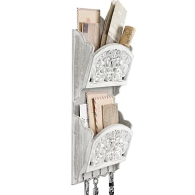 JAZUIHA Mail Organizer with Key Holder,2-Slot Mail Holder with 4 Key Hooks for Wall Decorative, Wooden Hanging Organizer for File Letter in Shelf Home Farmhouse Decor for Entryway Office - Image 9