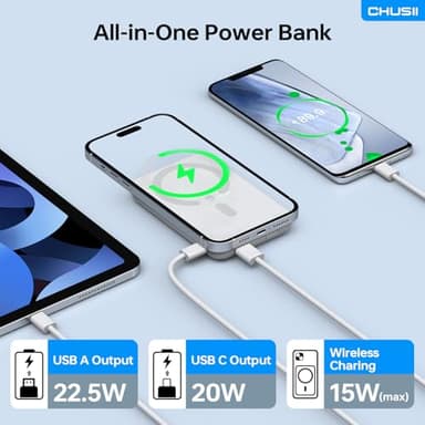 for Magsafe Portable Charger, 12000mAh Wireless Magnetic Power Bank with Stand and USB C in/Out Fast Charging, for Magsafe Battery Pack Compatible with iPhone 15/14/13/12 Pro/Pro Max-Pearl White - Image 2