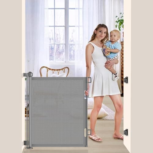 55 inch Retractable Baby Gates, EZIGO Extra Wide Baby Gate for Large Opening Extra Long Mesh Gate for Kids or Pet Dog Gate Child Safety Gate for Stairs Hallways Doorway Indoor Outdoor, Gray - Image 1