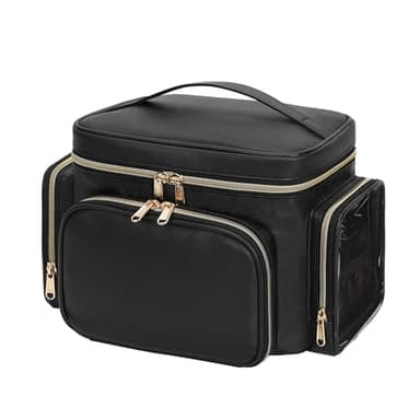 Bagmoly Large Makeup Bag, Portable Travel Makeup Bag Organizer for Women Girls with Makeup Brush Compartment & Two Side Pockets, Cosmetic Travel Bag Vertical Storage Toiletry Bag - Black - Image 8