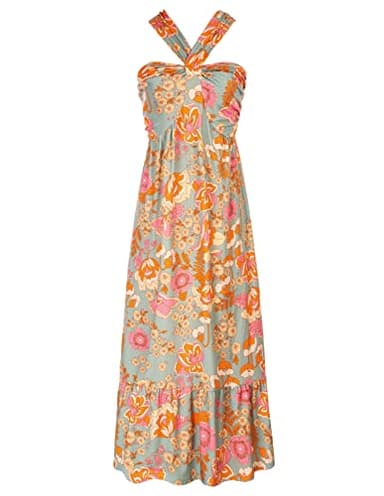 2024 Women Sleeveless Criss Cross Halterneck Floral Print Beach Maxi Dress for Summer Greygreen M - Image 1