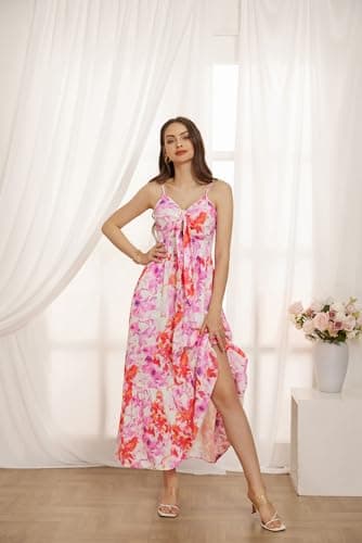 Summer Floral Bohemian Sleeveless Dress Casual Spaghetti Strap Tie Front Smocked Flowy Ruffle Long Dress - Image 8