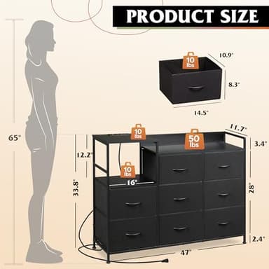 WLIVE Black TV Stand with Charging Station, Entertainment Center with 8 Fabric Drawer, TV Media Console Table Open Storage Shelves, Wood Top for Living Room, Hallway - Image 3