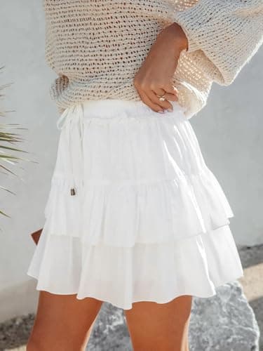 Aoudery Flowy Shorts for Women Boho Ruffled Tiered Skorts Casual High Waist Mini Skirts Tennis Golf Comfy Shorts 2025 - A White XL - Image 2